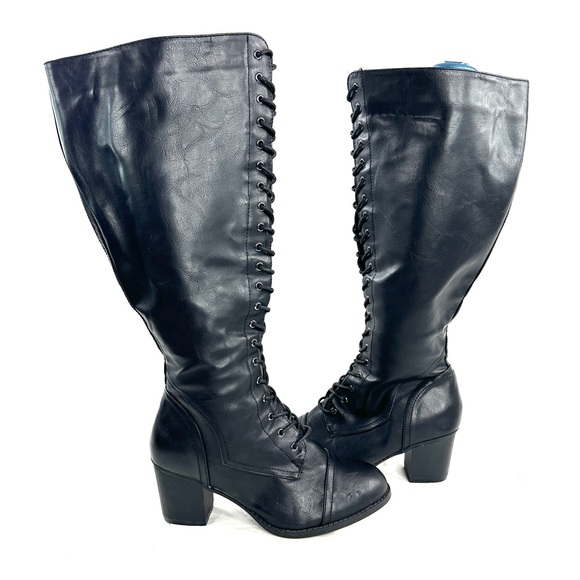 Torrid Wide Calf Women Size 9.5 Black Faux Leather Boot Knee High Lace up Zip - Picture 7 of 11